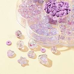 DIYビーズジュエリー作りの発見キット  透明&虹色の虹色アクリルラウンド&ポリマークレイディスクビーズを含む  パープル  285個/箱&nbsp;DIY-FS0004-27A