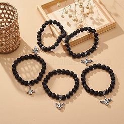 天然溶岩のラウンド ビーズ ストレッチ ブレスレット、アロイ フェアリー チャーム付き  女性のためのエッセンシャルオイルジェムストーンジュエリー  混合形状  アンティークシルバー  内径：2-1/8インチ（5.3cm）&nbsp;BJEW-JB08884