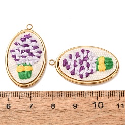 304ステンレススチールと布刺繍のペンダント  ヒヤシンスの鉢植えチャームが付いた楕円形  イオンプレーティング（ip）  長持ちメッキ  18KGP本金メッキ  パープル  33x19.5x3mm  穴：1.9mm&nbsp;FB-CBAFBAF-03G