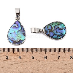 ラックメッキ天然パウア貝ペンダント  ティアドロップ真鍮チャーム  プラチナ  23x15x3mm  穴：4.5x8mm&nbsp;KK-E059-15P