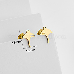 女性用304ステンレススチールスタッドピアス  マンタレイ  316サージカルステンレスピン付き  ゴールドカラー  13x10mm&nbsp;WG73B2A-01