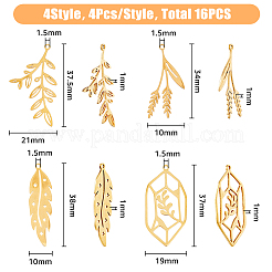 16個8スタイル201ステンレススチールペンダント  リーフチャーム  ミックスカラー  34~38x10~19x1mm  穴：1.5mm  2個/スタイル&nbsp;STAS-DC0014-33