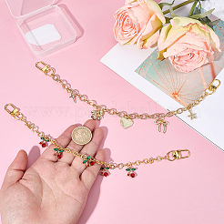 2Pcs 2 Styles Alloy Ruby Rhinestone Cherry & Heart Bowknot Pendant Brass Bag Decorative Chains&nbsp;HJEW-BM0001-45