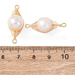 Copper Herringbone Wire-Wrapped Natural Pearl Round Links Connector Charms&nbsp;KK-Z152-02G-01