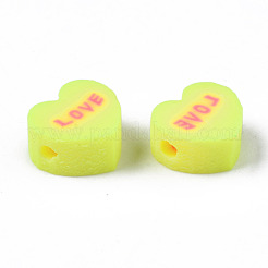 手作り樹脂粘土ビーズ  単語「love」付けのハート  緑黄  8~8.5x9~9.5x4.5mm  穴：1.8mm&nbsp;CLAY-N008-032H
