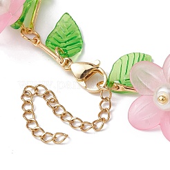 アクリルフラワー＆ガラスパールチャームブレスレット  真鍮のチェーン入り  ピンク  6-7/8~7-1/8インチ（17.5~18cm）&nbsp;BJEW-JB10054-02