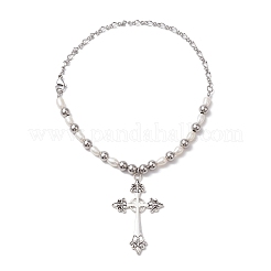 Natural Pearl with Cross Alloy Pendant Necklaces&nbsp;NJEW-JN04813