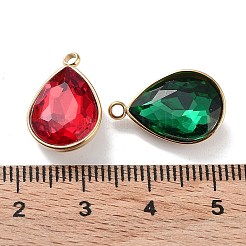 カット加工ガラスペンダント  イオンプレーティング（IP）ゴールド304ステンレススチール金具  ミックスカラー  ティアドロップチャーム  18x11.5x6mm  穴：1.6mm&nbsp;STAS-P339-04G