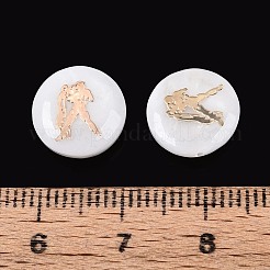 天然淡水シェルビーズ  金メッキ真鍮エッチング金属装飾付き  十二星座とフラットラウンド  貝殻色  乙女座  11~12x4~6mm  穴：0.5~0.9mm&nbsp;SHEL-N037-02K-G