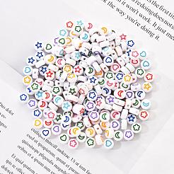 白い不透明なアクリルビーズ  ハート＆フラワー＆ムーン＆スターのフラットラウンド  ショッキングピンク  7x4mm  穴：1.6mm  200個/セット&nbsp;MACR-YW0001-19E