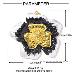 304ステンレススチールエナメルビッグペンダント  花のチャーム  イオンプレーティング（ip）  ブラック  18KGP本金メッキ  56x51mm&nbsp;STAS-OY002-40G-02