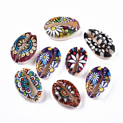 プリントされた天然のカウリーシェルビーズ  穴なし/ドリルなし  花柄  カラフル  18~22x13~14x6~8mm&nbsp;SHEL-S266-19