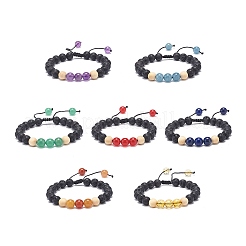 7Pcs 7 Style Natural Lava Rock & Wood  Beads & Mixed Gemstone Braided Bead Bracelets Set&nbsp;BJEW-JB08836