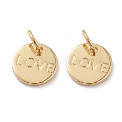 真鍮製チャーム  長持ちメッキ  丸カン付き  ワード「love」を刻まれたフラットラウンド  バレンタインデーの  18KGP本金メッキ  8.5x1mm  丸カン：5x1ミリ  内径：3mm&nbsp;KK-A149-01G