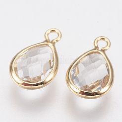 ガラスチャーム  真鍮パーツ  多面カットティアドロップ  透明  ニッケルフリー  18KGP本金メッキ  12x7x3mm  穴：1.2mm&nbsp;X-KK-Q752-001G