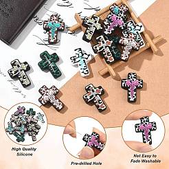 14 個 7 スタイルのシリコン焦点ビーズ  クロス  ミックスカラー  33x24~24.5x7.5~8mm  穴：2~3mm  2個/スタイル&nbsp;SIL-CJ0002-91
