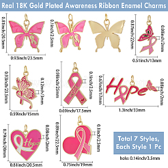 7Pcs 7 Styles October Breast Cancer Pink Awareness Ribbon Brass Enamel Pendants&nbsp;KK-BBC0020-36