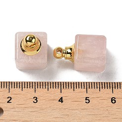 天然ローズクォーツ香水瓶ペンダント  金メッキの304ステンレススチール製の金具が付いたスクエアチャーム  19x12x12mm  穴：2mm&nbsp;G-Z039-04G-05