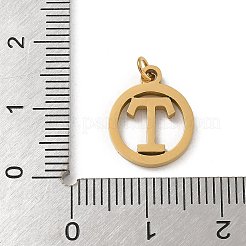 304ステンレススチールチャーム、ジャンプリング付き  ゴールドカラー  文字チャーム付きリング  文字t  14.5x12x1.5mm  穴：3mm&nbsp;LS-STAS-R001-02G-T