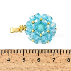 ガラスチャーム  花のチャーム  合成グリーンターコイズとガラスシードビーズ、真鍮製ピンチバイル付き  多面カット  空色  24x21x10mm  穴：5.5x2.5mm&nbsp;PALLOY-MZ01346-03