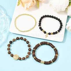 4Pcs 4 Styles Natural Lava Rock & Coconut & Wenge Wood & Brass Beaded Stretch Bracelet Sets for Women&nbsp;BJEW-JB12491