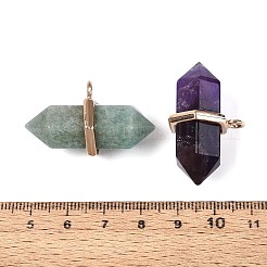 天然石と合成石のダブル ターミナル ポインテッド ペンダント  合金製の金具が付いたファセット加工の弾丸型チャーム  ゴールドカラー  20~21x34.5~36x17~18mm  穴：3mm&nbsp;G-N345-09