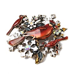 エナメルピン  バックパック服用の合金ラインストーンラペルピン  雪の結晶をまとった鳥  アンティーク黄金  レッド  57.5x58mm&nbsp;AL-CBA94E1-04