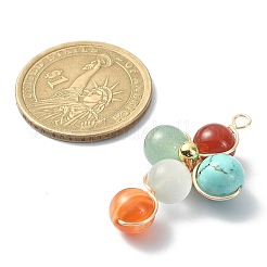 混合宝石ラウンド銅線ラップペンダント  クロスチャーム  金メッキ真鍮ビーズ付き  35x25x9.5mm  穴：2.5mm&nbsp;PALLOY-TA00042