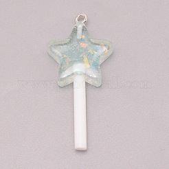 樹脂チャーム  プラチナトーンのアイアンループとパイレット/スパンコール付き  プラスチック製の取っ手  星のロリポップ  淡いターコイズ  42x20x7mm  穴：2mm&nbsp;RESI-WH0025-11A