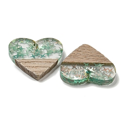 ウッドペンダント  樹脂と金箔  ハート  ダークシーグリーン  24x25x4mm  穴：2mm&nbsp;FIND-B042-14A