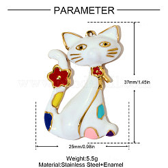 304ステンレススチールエナメルペンダント  猫の形のチャーム  イオンプレーティング（ip）  18KGP本金メッキ  37x25mm&nbsp;STAS-OY005-34G