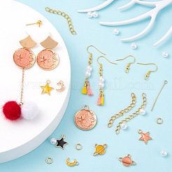 16個のムーン＆スター＆プラネットアロイペンダント  8本ポリコットンタッセルペンダントデコレーション  30個のプラスチック丸いビーズ  ステンレス鋼と鉄のパーツ  DIYの星空のテーマのイヤリング作成キット用  ミックスカラー  合金エナメルペンダント：16個/箱&nbsp;DIY-FS0001-56