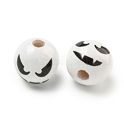 プリントウッドヨーロピアンビーズ  ハロウィンテーマビーズ  ラウンド  ホワイト  15.5~16mm  穴：4~4.5mm&nbsp;WOOD-G022-08A-14