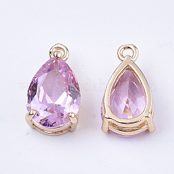 クリアガラスチャーム  真鍮パーツ  多面カット  ティアドロップ  ライトゴールド  パールピンク  15x8x6mm  穴：1.2mm&nbsp;GLAA-T007-11F