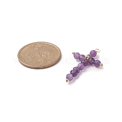 天然アメジストのファセットカットラウンド銅線巻きペンダント  クロスチャーム  ライトゴールド  38x23x5mm  穴：2.5mm&nbsp;PALLOY-JF02011-05