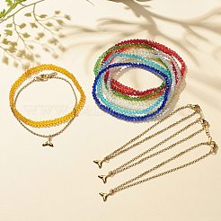 2個2スタイル304ステンレススチールホエールテールチャームアンクレットセット  女性用ガラスビーズアンクレット  ミックスカラー  ゴールドカラー  内径：2-7/8インチ（7.4cm）  1個/スタイル&nbsp;AJEW-AN00492