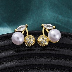 チェリー真鍮マイクロパヴェキュービックジルコニアスタッドピアス  absプラスチックパール  長持ちメッキ  鉛フリー＆カドミウムフリー  18KGP本金メッキ  10x11mm&nbsp;EJEW-H158-08B-G