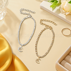 4Pcs 2 Colors Brass & Iron Crystal Rhinestone Star Moon Charm Anklets for Women&nbsp;AJEW-HY0002-60
