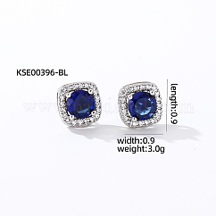 Elegant Zircon Square Stud Earrings for Women, Fashionable and Versatile, Square, Silver, Dark Blue, 9x9mm