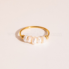 French Style Freshwater Pearl Stainlee Steel Finger Rings for Women, Real 18K Gold Plated, 5mm, Inner Diameter: 17.8~18.8mm