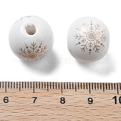 クリスマスプリントのシマウッドヨーロピアンビーズ  ラウンド  スノーフレーク  ホワイト  16x14.5mm  穴：4.5mm&nbsp;WOOD-G023-18B