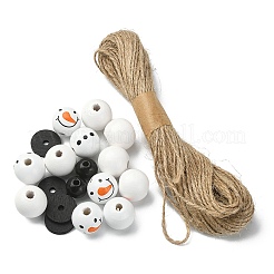 DIY クリスマス雪だるまペンダント装飾作成キット  染色された天然木の丸ビーズを含む  ジュートストリング  ホワイト  ビーズ：100個/セット&nbsp;DIY-YW0007-37