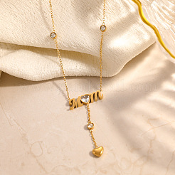Mother's Day 304 Stainless Steel Crystal Rhinestone Word Mom Pendant Heart Tassel Y Necklaces for Women&nbsp;NJEW-L015-01G