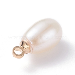 天然真珠チャーム  ライトゴールドトーンの真鍮製ループ付き  ライス  ホワイト  11~12.5x5~7mm  穴：1.5mm&nbsp;PALLOY-JF01281-02