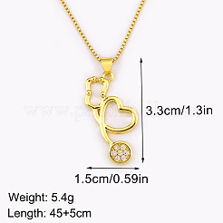 Brass Pave Clear Cubic Zirconia Heart Stethoscope Pendant Necklaces&nbsp;FS-WGFB55C-01