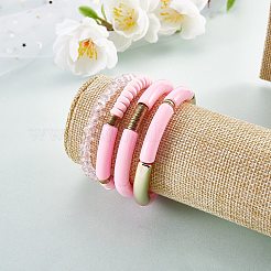 4 個 4 スタイル アクリル分厚いカーブチューブ ストレッチ ブレスレット セット  ポリマークレイとガラスビーズの積み重ね可能な女性用ブレスレット  ピンク  内径：2-1/8インチ（5.3cm）  1個/スタイル&nbsp;BJEW-SW00074-04