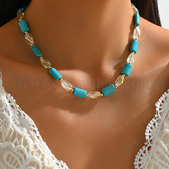Bohemian Style Handmade Rectangle Synthetic Turquoise & Faceted Teardrop Glass Beaded Necklaces for Women's Date Gift&nbsp;TF2748