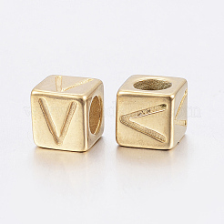 304 ステンレススチール 大きな穴文字 ヨーロッパ ビーズ  水平穴  文字.v付きのキューブ  ゴールドカラー  8x8x8mm  穴：5mm&nbsp;STAS-H428-01G-V