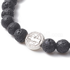 Natural Lava Rock & Alloy Saint Benedict Medal Beaded Strech Bracelet for Women&nbsp;BJEW-JB09345-01