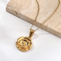 女性用304ステンレススチールローズペンダントネックレス  アズキチェーン付き  18KGP本金メッキ  15.87インチ（40.3cm）&nbsp;NJEW-S439-01A-G